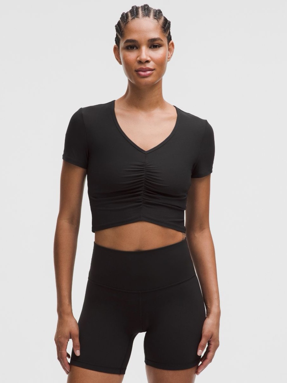 Black Ruched V-Neck Crop Top - Women